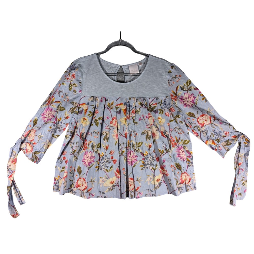 LC Lauren Conrad Floral Bird Babydoll Blouse Light Blue Tie Sleeve Women Large